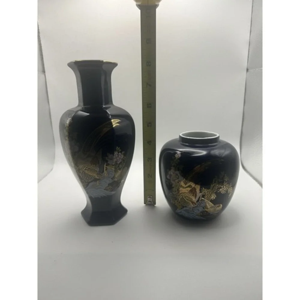 2-PC Asian Style Cobalt Blue Cloisonné Golden Floral Flower‎ Vases